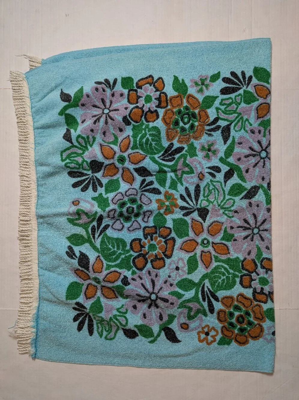 Vintage Bath Beach Towel Turquoise Flowers & Fringes